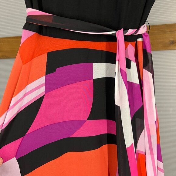 SLNY Black Scoop Neck Cap Sleeve Chiffon Multicolor‎ Asymmetrical Maxi Dress Sz8 - Picture 4 of 16